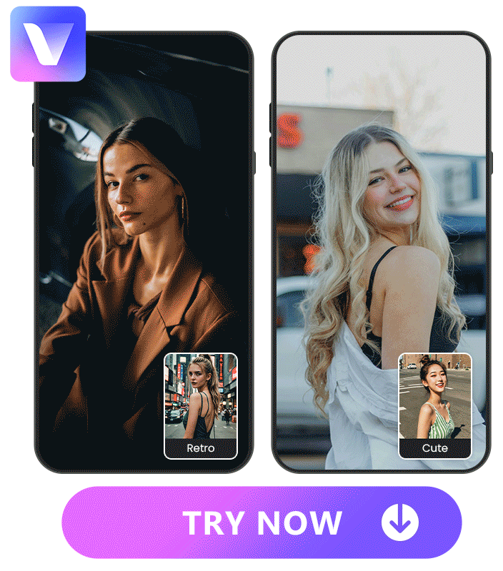 demonstrate 2 photos being turned into street photography in retro and cute styles with Vivid AI